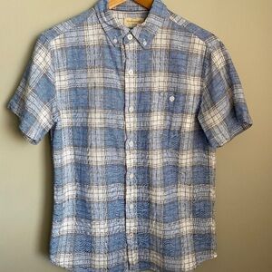 Weatherproof Vintage Washable Linen Men's Blue Plaid Button Up Shirt
